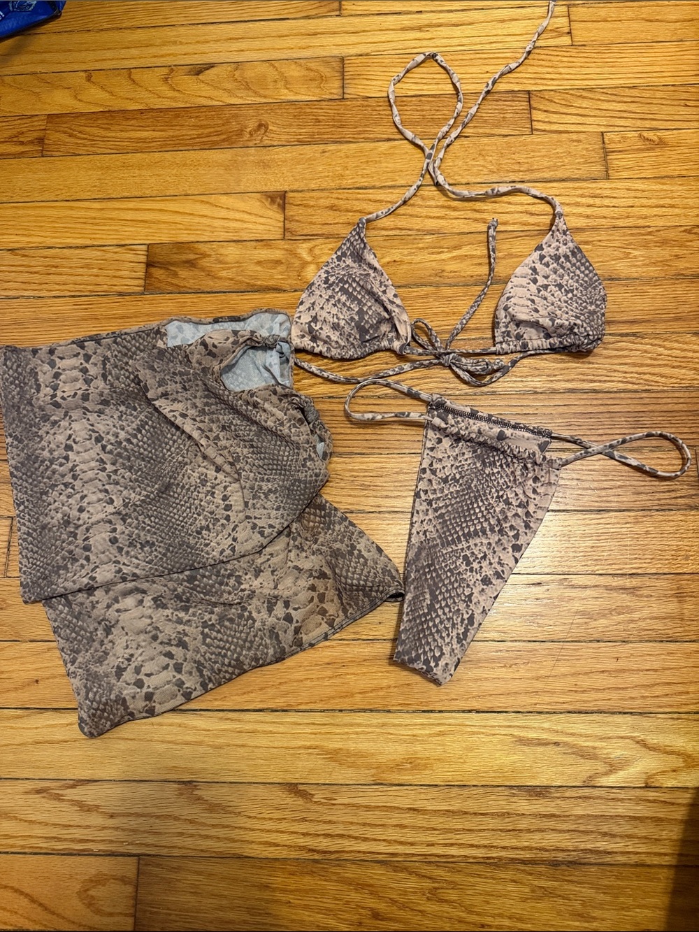 Snake Print Triangle Bikini Set with Sarong